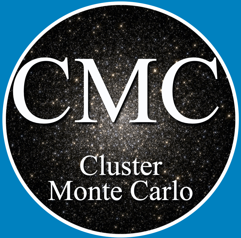 Logo of the Cluster Monte Carlo code, showing "CMC" on top of synthetic globular cluster image.